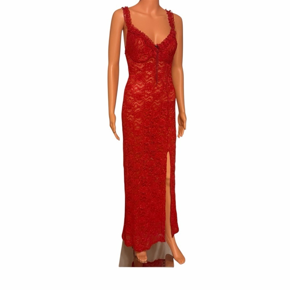 Vintage Secret Treasures Sheer Red Lace Nightgown Women Lingerie Sexy Maxi Dress